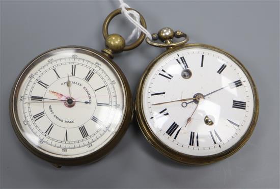 A 19th century continental base metal cased keywind pocket watch and a 19th century base metal chronograph pocket watch.